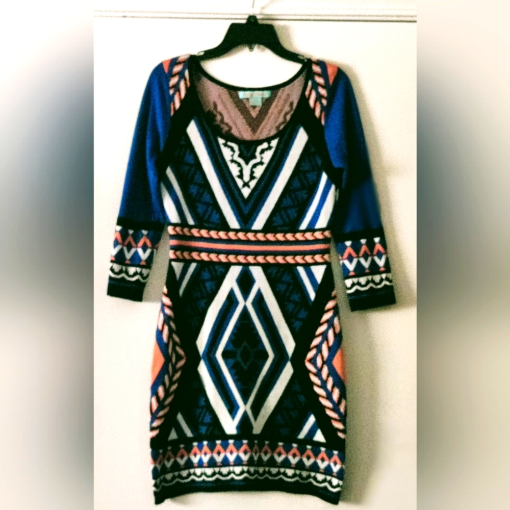 Flying Tomato Anthropology Sweater Dress Blue Boho Beatriz Aztec Southwest M